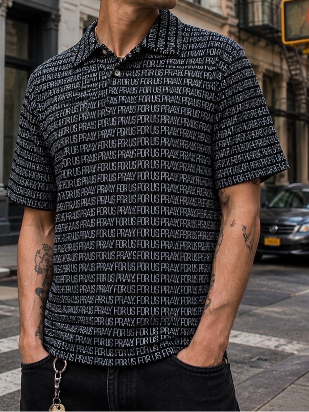 Supreme Pray For Us Polo Shirt Mens Medium Black All Over Print Streetwear NYC